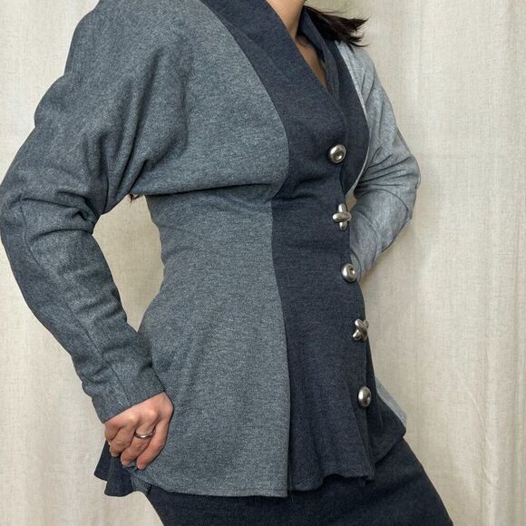 vtg 80s All that Jazz grey knit skirt suit posh statement 2 piece set Medium - Picture 5 of 12